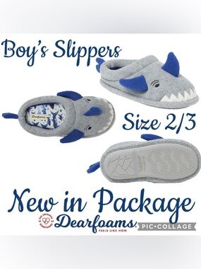 Dearfoams Kid's Peyton Shark Light Grey Slip-On Clog House Slipper Size 2-3 NEW